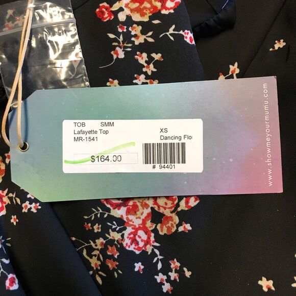 Show Me Your MuMu Lafayette Blouse XS NWT Black Red Cherry Blossom Bell Sleeve - Picture 15 of 16